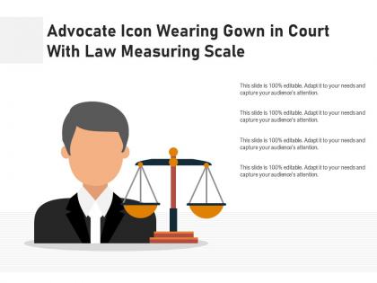 Advocate icon wearing gown in court with law measuring scale