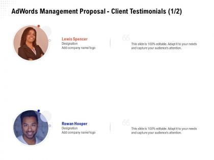 Adwords management proposal client testimonials teamwork ppt powerpoint portrait