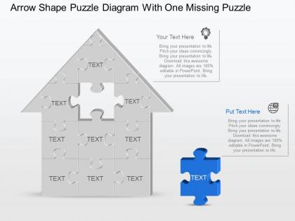 Af arrow shape puzzle diagram with one missing puzzle powerpoint template slide