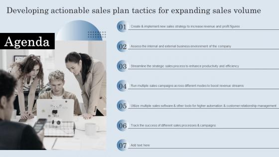 Agenda Developing Actionable Sales Plan Tactics For Expanding Sales Volume