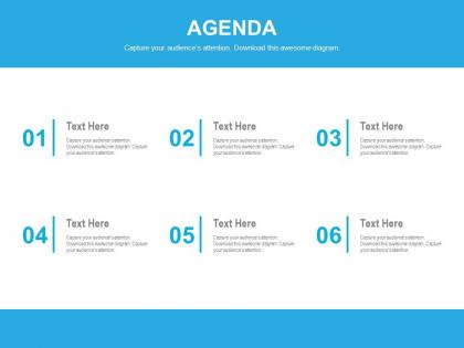 Agenda diagram with six various business agendas powerpoint slides