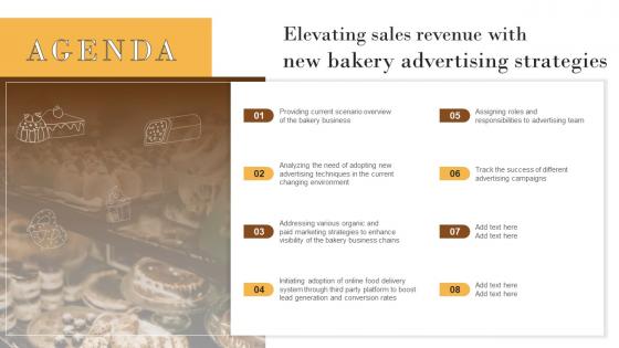 Agenda Elevating Sales Revenue New Bakery Advertising Strategies MKT SS V