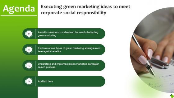 Agenda Executing Green Marketing Ideas To Meet Corporate Social Responsibility Mkt Ss V