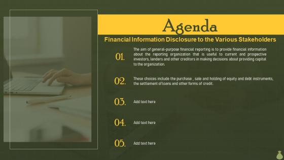 Agenda Financial Information Disclosure To The Various Stakeholders Ppt Gallery Graphics Tutorials