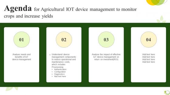 Agenda For Agricultural IoT Device Management To Monitor Crops And Increase Yields IoT SS V