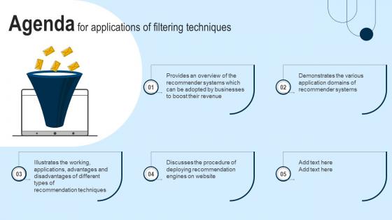 Agenda For Applications Of Filtering Techniques Ppt Icon Design Inspiration