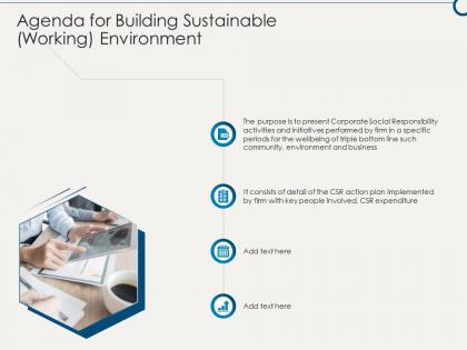 Agenda for building sustainable working environment ppt themes