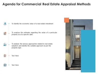 Agenda for commercial real estate appraisal methods ppt mockup