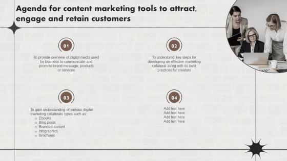 Agenda For Content Marketing Tools To Attract Engage And Retain Customers MKT SS V