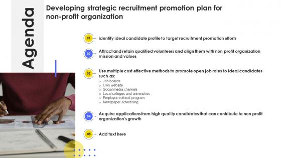 Agenda For Developing Strategic Recruitment Promotion Plan For Non Profit Strategy SS V