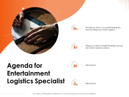 Agenda for entertainment logistics specialist custom n117 powerpoint presentation example topics