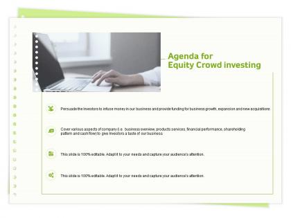 Agenda for equity crowd investing various aspects ppt powerpoint presentation diagram ppt