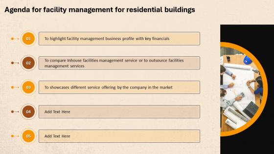 Agenda For Facility Management For Residential Buildings Ppt Icon Graphics Download