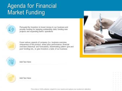 Agenda for financial market funding financial market pitch deck ppt mockup