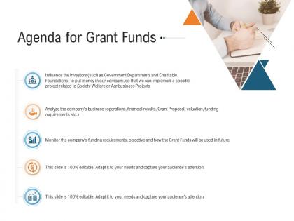 Agenda for grant funds raise investment grant public corporations ppt infographics