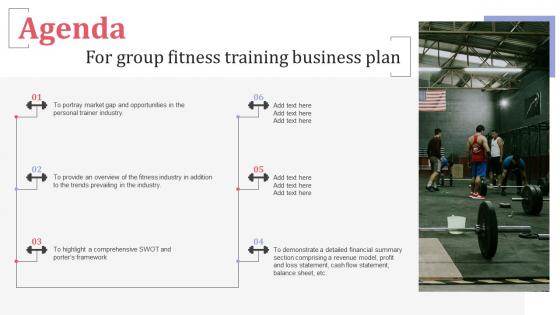 Agenda For Group Fitness Training Business Plan Ppt Powerpoint Presentation File Slide Download BP SS