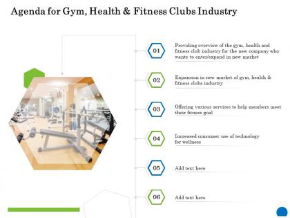 Agenda for gym health and fitness clubs industry expansion ppt powerpoint presentation show master slide