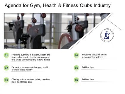 Agenda for gym health and fitness clubs industry ppt powerpoint presentation infographics