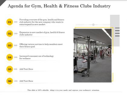 Agenda for gym health and fitness clubs industry services ppt powerpoint presentation visual aids pictures