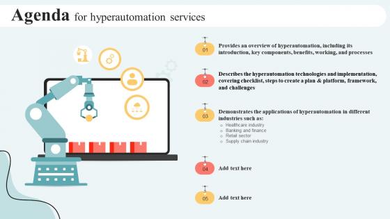 Agenda For Hyperautomation Services Ppt Infographic Template Backgrounds