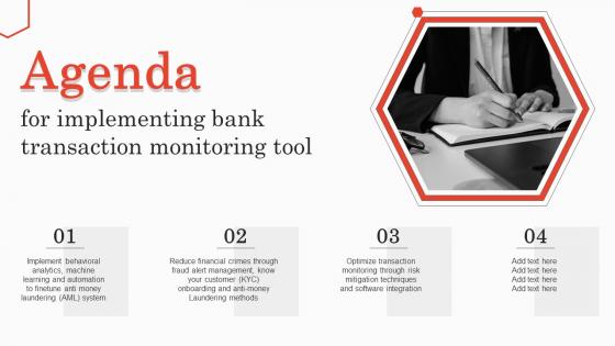 Agenda For Implementing Bank Transaction Monitoring Tool Ppt Styles Example Topics