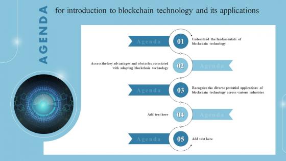 Agenda For Introduction To Blockchain Technology And Its Applications BCT SS