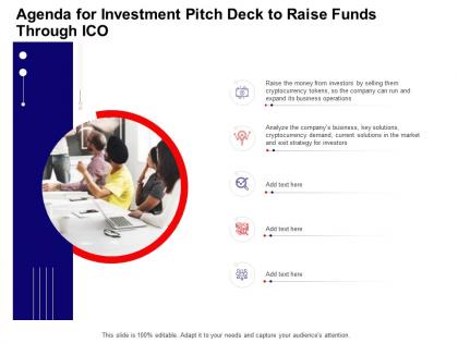 Agenda for investment pitch deck to raise funds through ico company ppt icons