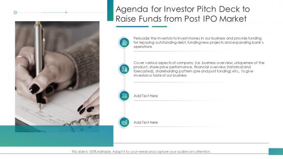 Agenda for investor pitch deck to raise funds from post ipo market