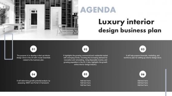 Agenda For Luxury Interior Design Business Plan Ppt Icon Design Templates BP SS