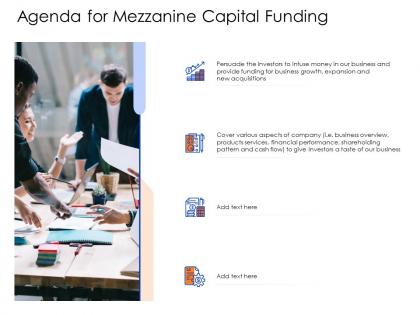 Agenda for mezzanine capital funding mezzanine capital funding pitch deck ppt styles graphics