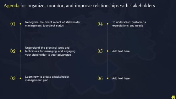 Agenda For Organize Monitor And Improve Relationships With Stakeholders