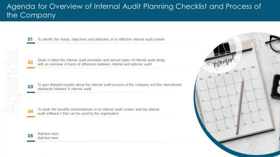 Agenda for overview of internal audit planning checklist and process of the company