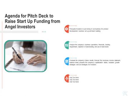 Agenda for pitch deck to raise start up funding from angel investors ppt introduction