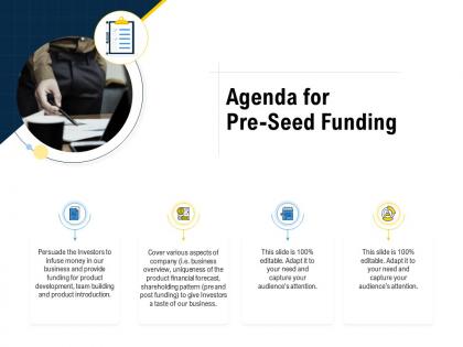 Agenda for pre seed funding pitch deck raise funding pre seed money ppt formats