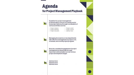 Agenda For Project Management Playbook One Pager Sample Example Document