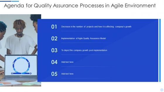 Agenda for quality assurance processes in agile environment ppt infographic