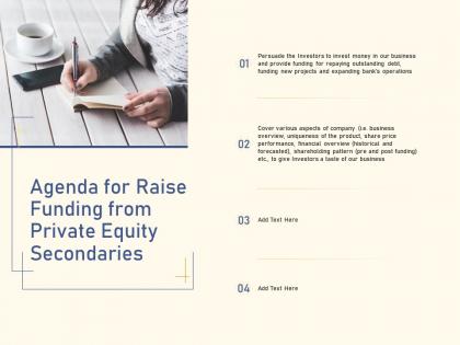 Agenda for raise funding from private equity secondaries ppt model grid