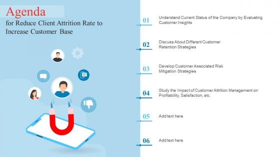 Agenda For Reduce Client Attrition Rate To Increase Customer Base Ppt Slides Example