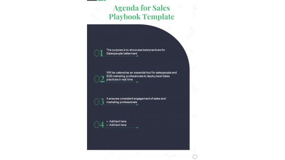 Agenda For Sales Playbook Template One Pager Sample Example Document