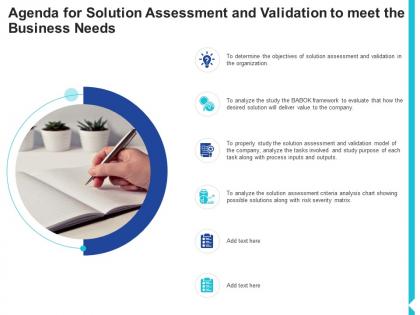 Agenda for solution assessment and validation to meet the business needs solution