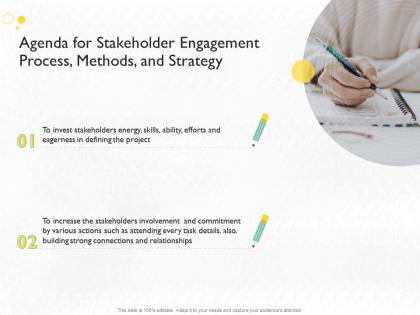 Agenda for stakeholder engagement process methods and strategy ppt portfolio slideshow