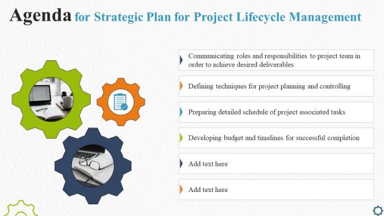 Agenda For Strategic Plan For Project Lifecycle Management Ppt Slides Icons