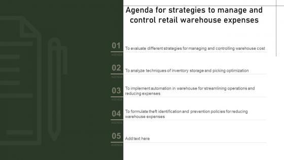 Agenda For Strategies To Manage And Control Retail Warehouse Expenses