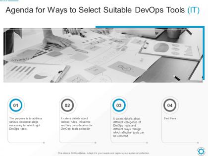 Agenda for ways to select suitable devops tools it ppt powerpoint presentation file infographic
