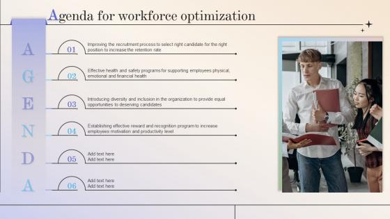 Agenda For Workforce Optimization Ppt Diagram Graph Charts