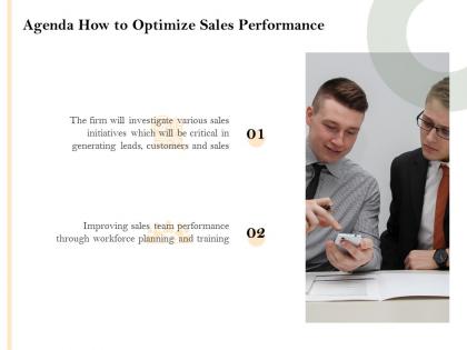 Agenda how to optimize sales performance improving ppt powerpoint presentation graphics design