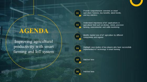 Agenda Improving Agricultural Productivity With Smart Farming And Iot System IoT SS