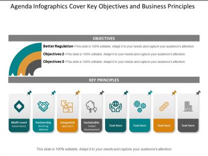 Agenda infographics cover key objectives and business principles