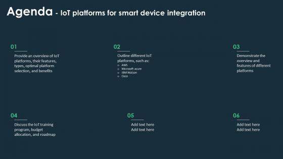 Agenda IoT Platforms For Smart Device Integration Ppt Ideas Background Images