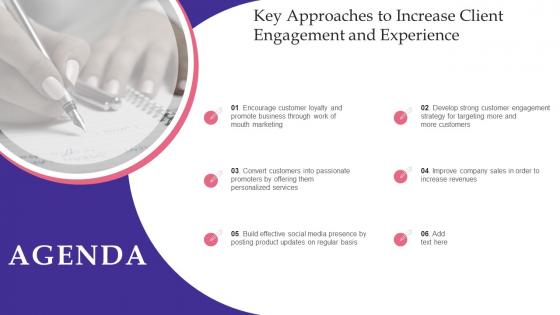 Agenda Key Approaches To Increase Client Engagement And Experience Ppt File Background Images